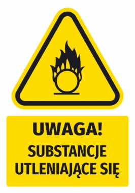 Warning safety sticker with a pictogram: Attention! Oxidizing substances - graphic design. Triangle with flame above.