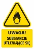 Warning safety sticker with a pictogram: Attention! Oxidizing substances - graphic design. Triangle with flame above.