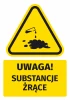 Warning safety sticker with corrosive substances symbol - graphic design. Triangle with black liquid symbol and splash.