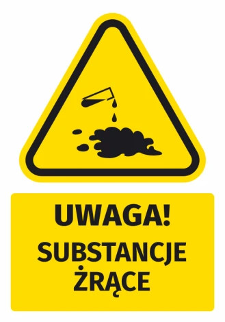 Warning safety sticker with corrosive substances symbol - graphic design. Triangle with black liquid symbol and splash.