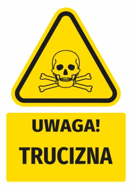 Warning safety sticker with poison symbol - graphic design. Triangle with skull and bones on a yellow background.