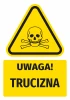 Warning safety sticker with poison symbol - graphic design. Triangle with skull and bones on a yellow background.