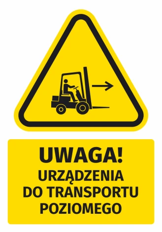 Warning safety sticker with a pictogram: Caution! Horizontal transport devices - Graphic design. Yellow triangle with black.