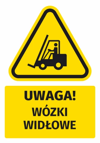Warning safety sticker with forklift icon. Triangle design featuring a black forklift on a yellow background.