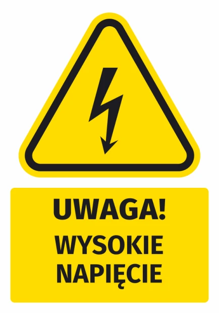 Warning safety sticker with high voltage icon. Triangle with lightning on a yellow background.