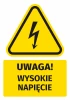 Warning safety sticker with high voltage icon. Triangle with lightning on a yellow background.