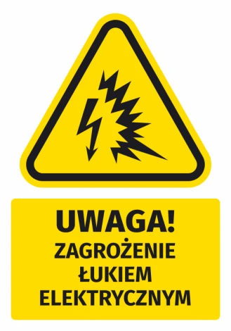 Warning safety sticker with electric arc hazard pictogram. Yellow triangle with black design.