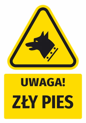 Warning safety sticker with a "Beware of Dog" pictogram. Triangular shape featuring a black dog on a yellow background.