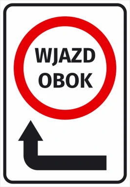 Entrance sticker with left arrow - graphic design. Red circle with the text ENTRANCE NEXT TO and left arrow.