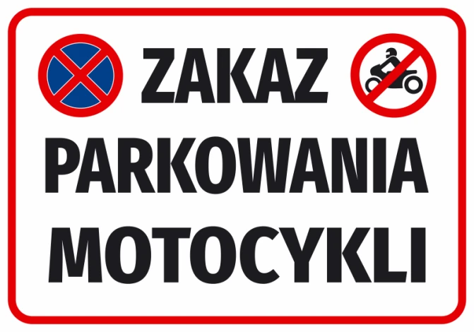 No Parking Motorcycle Sticker - Graphic Design. Two prohibition symbols and large text on a white background.