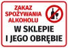Alcohol consumption prohibited sticker for stores - Graphic design. Red rectangle with white text and symbol.
