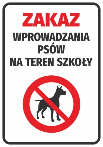 No Dogs Allowed School Sign - Graphic Design. Red circle with a crossed-out dog on a white background.