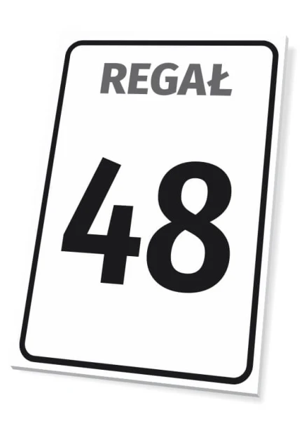 Information sign for shelf - Graphic design. White sign with black text SHELF and large number 48.