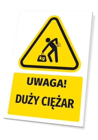 Warning safety sign with a caution symbol for heavy loads. Triangular shape with a black pictogram.