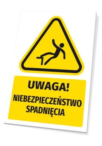 Warning safety sign with a falling hazard pictogram. Triangular shape.