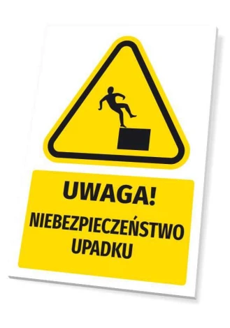 Warning safety sign with a falling hazard pictogram. Yellow triangle with black design.