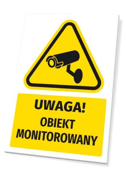 Warning sign with "Caution! Monitored area" pictogram. Triangular shape with yellow background and black design.