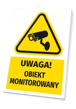 Warning sign with "Caution! Monitored area" pictogram. Triangular shape with yellow background and black design.