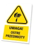 Warning safety sign with a caution symbol for sharp objects - graphic design featuring a triangle with a black hand and sharp items.