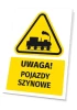 Warning sign with a pictogram for caution! Rail vehicles - graphic design. Yellow triangle with black pictogram.