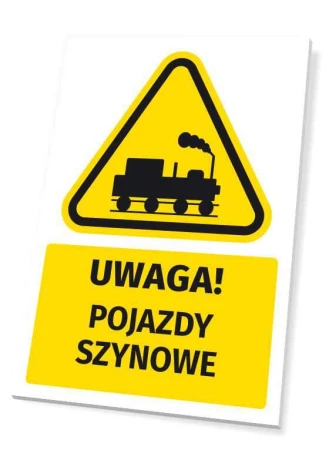 Warning sign with a pictogram for caution! Rail vehicles - graphic design. Yellow triangle with black pictogram.
