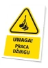 Warning safety sign with a crane icon. Triangular shape with a yellow background and black crane graphic.