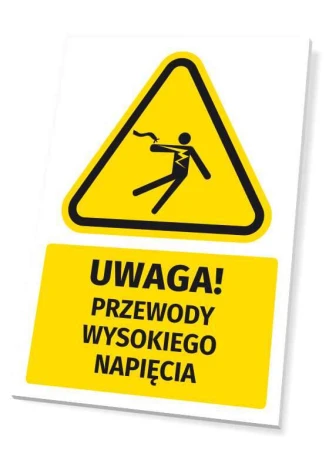 Warning safety sign with high voltage cables pictogram. Yellow triangle with black design.