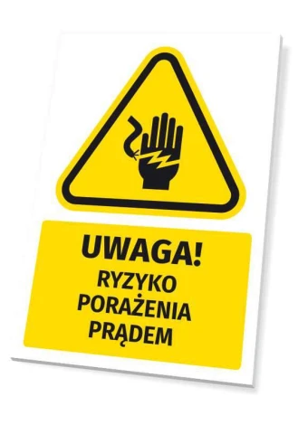 Warning safety sign with a caution symbol for electric shock risk - graphic design. Triangle with hand and lightning bolt.