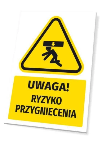 Warning safety sign with a caution icon for crush risk - triangular shape with a black pictogram.