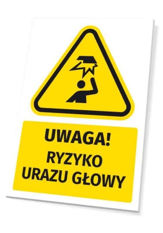 Warning safety sign with head injury risk symbol T727 - Graphic design. Yellow triangle with black symbol.