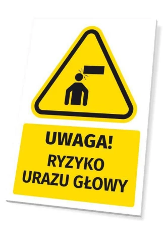 Safety warning sign with a caution symbol for head injury risk - triangular design with a figure icon.