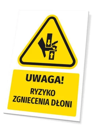 Safety warning sign with a caution pictogram for hand crushing risk T736 - Graphic design. Yellow triangle with black.
