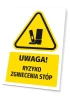 Warning safety sign with "Caution! Risk of foot crushing" pictogram. Yellow background, black triangle design.