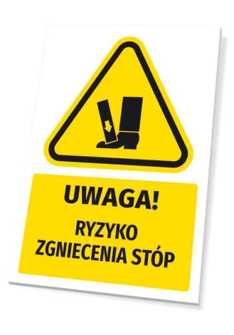 Warning safety sign with "Caution! Risk of foot crushing" pictogram. Yellow background, black triangle design.