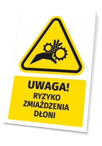 Safety warning sign with a caution symbol: Risk of hand crushing - Graphic design features a yellow triangle with black.