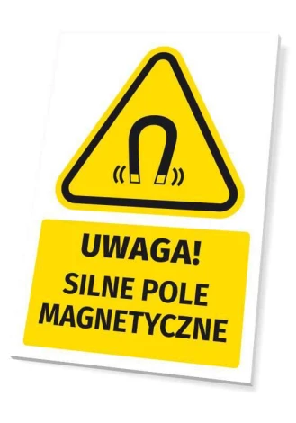 Warning sign with a pictogram: Caution! Strong magnetic field - Graphic design. Yellow triangle with black icon.