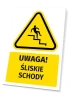 Warning safety sign with slippery stairs icon - yellow triangle with black person graphic.