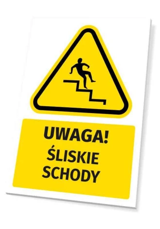 Warning safety sign with slippery stairs icon - yellow triangle with black person graphic.