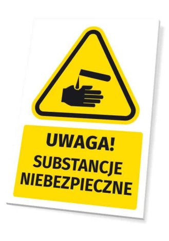 Warning safety sign with hazardous substances icon - triangular shape in black.