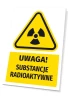 Warning sign for radioactive substances with a triangular shape and symbol.