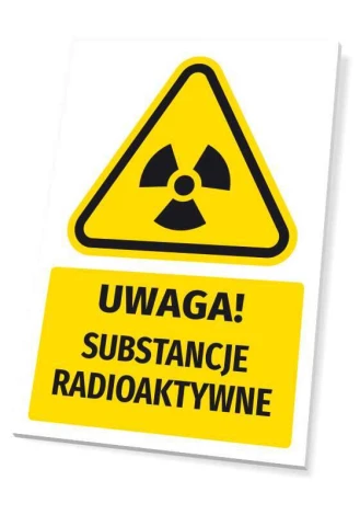 Warning sign for radioactive substances with a triangular shape and symbol.