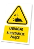 Warning sign for hazardous substances with a corrosive symbol. Triangle with liquid and stain on yellow background.