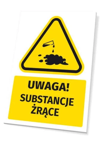 Warning sign for hazardous substances with a corrosive symbol. Triangle with liquid and stain on yellow background.