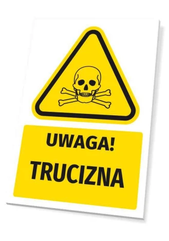 Warning safety sign with poison symbol - triangular shape with yellow background and skull design.