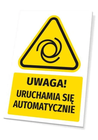 Warning safety sign with a caution icon. Features a yellow triangle and indicates automatic activation.