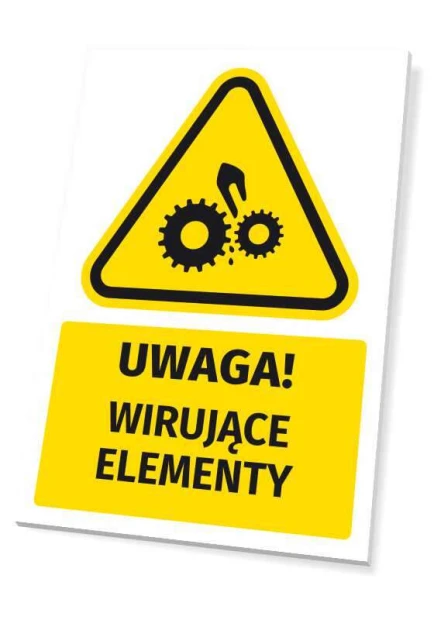 Warning safety sign with a "Caution! Rotating parts" pictogram. Yellow triangle with black gears.