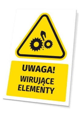 Warning safety sign with a "Caution! Rotating parts" pictogram. Yellow triangle with black gears.