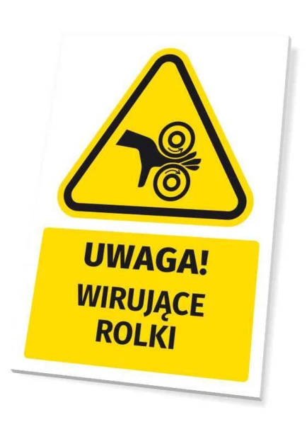 Warning safety sign with a rotating rollers icon. Triangular shape featuring a black hand pictogram.
