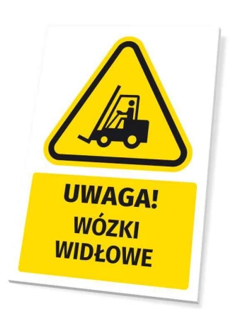 Safety warning sign with forklift icon. Yellow triangle featuring a black forklift graphic.