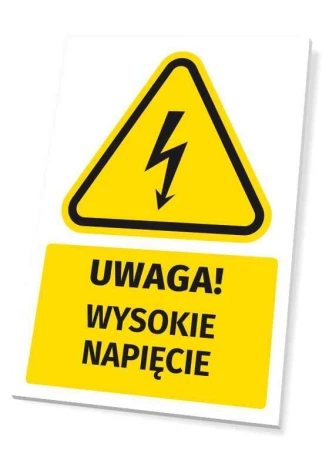 Warning safety sign with high voltage icon - graphic design. Triangle with a black lightning bolt symbol.